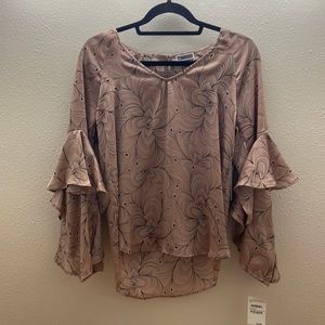 Chelsea28 Drapey satin Blouse Ruffle Bell Sleeve, pink adobe feather wave. XS.